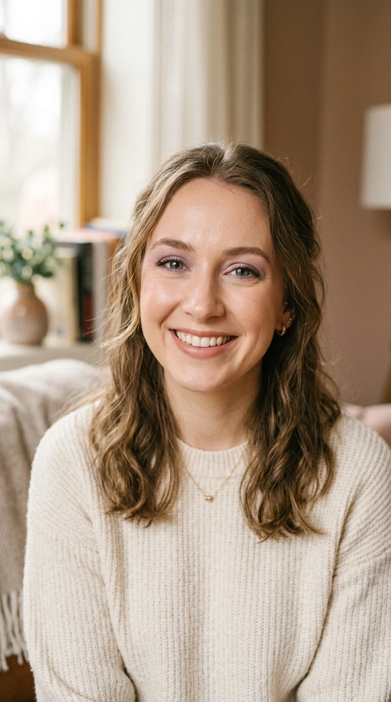Portrait chaleureux d'une femme souriante avec un maquillage naturel